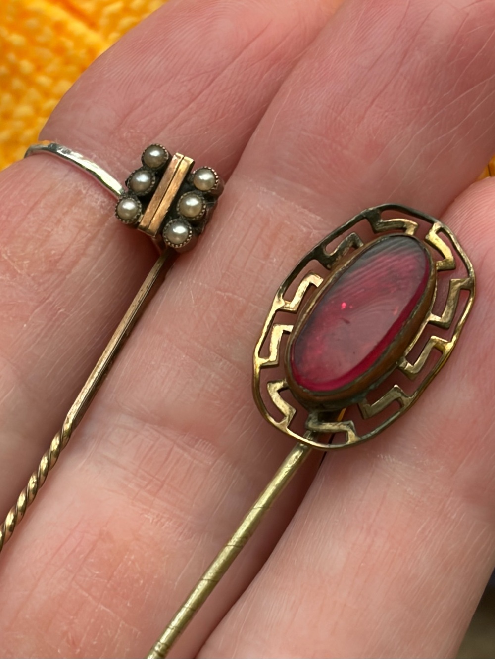 (2) Antique Stick Pins Seed Pearls and Glass?